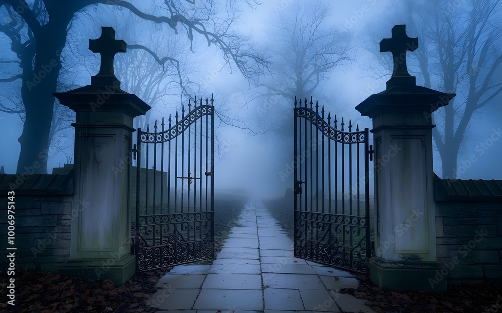 Chilling View of Wrought-Iron Gate in a Fog-Shrouded Graveyard Chilling View of Wrought-Iron Gate in a Fog-Shrouded Graveyard