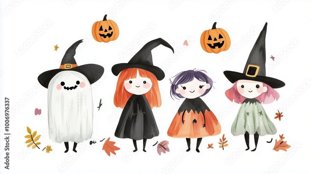 Obraz premium ハロウィンコンセプト おばけと魔女の水彩イラスト