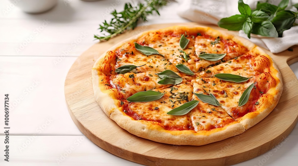 Rustic margarita pizza, herbs, gourmet kitchen atmosphere Rustic margarita pizza, herbs, gourmet kitchen atmosphere