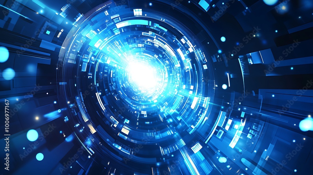 Abstract blue and white circular light tunnel with glowing particles. Abstract blue and white circular light tunnel with glowing particles.