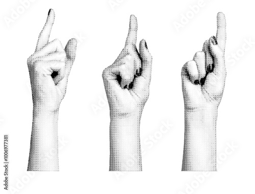 Finger pointing gesture, indicating. Pointer up. Halftone textured style vector isolated on white background.