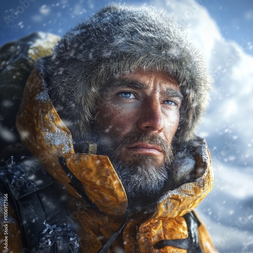 Man in Winter Gear Snowstorm Arctic Exploration Cold Weather Winter Portrait Adventu