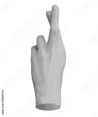 Crossing fingers sign, liar gesture. Halftone textured, old newspaper style vector isolated on white background.
