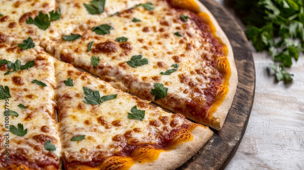 Rustic margarita pizza with herbs, cheese stretch, warm light Rustic margarita pizza with herbs, cheese stretch, warm light