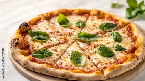 Rustic margarita pizza with green basil leaves, shot in natural light, gourmet dining setting