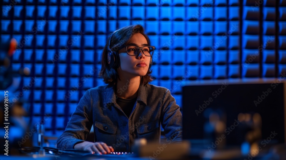 A focused individual wearing a modern monochrome outfit engages with a computer, immersed in a creative environment defined by striking blue geometric lighting A focused individual wearing a modern monochrome outfit engages with a computer, immersed in a creative environment defined by striking blue geometric lighting