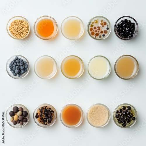 Bubble Tea Ingredients in Glass Bowls Flat Lay Top View White Background