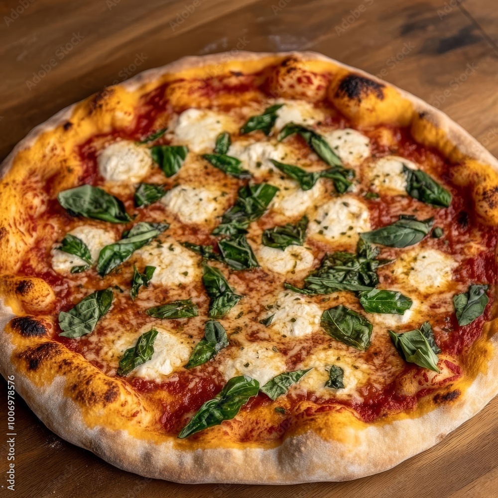 Traditional margarita pizza with fresh herbs, hand-crafted crust, wooden table, warm tones Traditional margarita pizza with fresh herbs, hand-crafted crust, wooden table, warm tones