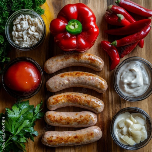 Grilled Bratwurst Sausage with Peppers Onions and Sauce on Wooden Cutting Board