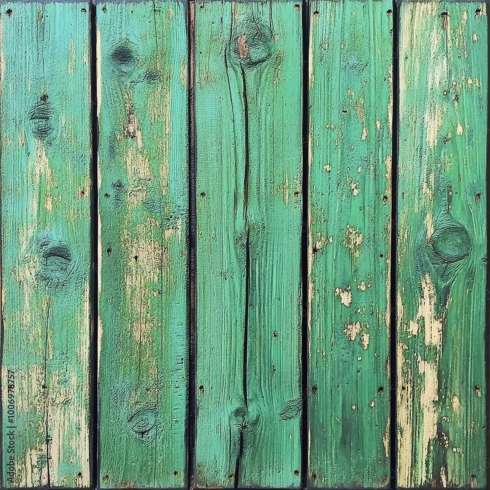 Weathered green wooden planks create rustic and textured background, showcasing beauty of aged wood with peeling paint and natural imperfections Weathered green wooden planks create rustic and textured background, showcasing beauty of aged wood with peeling paint and natural imperfections