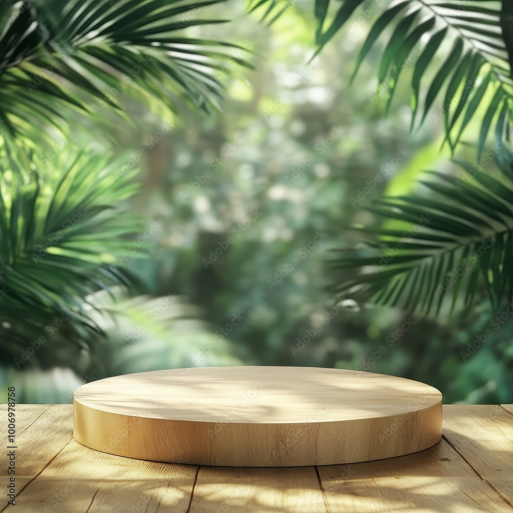 Wooden product stand on wooden table in front of natural green background Wooden product stand on wooden table in front of natural green background