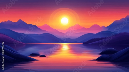 Serene Mountain Sunset Landscape with Tranquil Lake Reflection