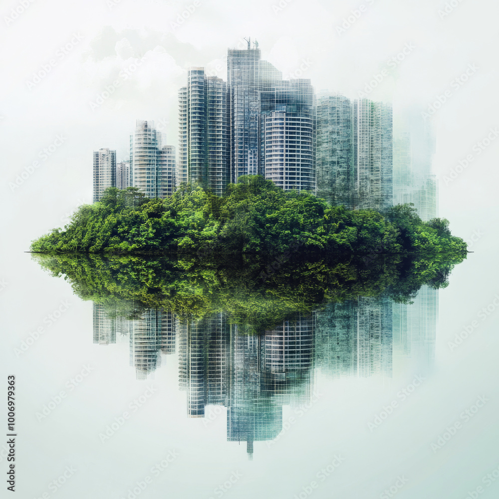 Obraz premium serene double exposure image showcasing lush green island surrounded by towering skyscrapers, reflecting beautifully on calm waters. blend of nature and urban life evokes sense of harmony and
