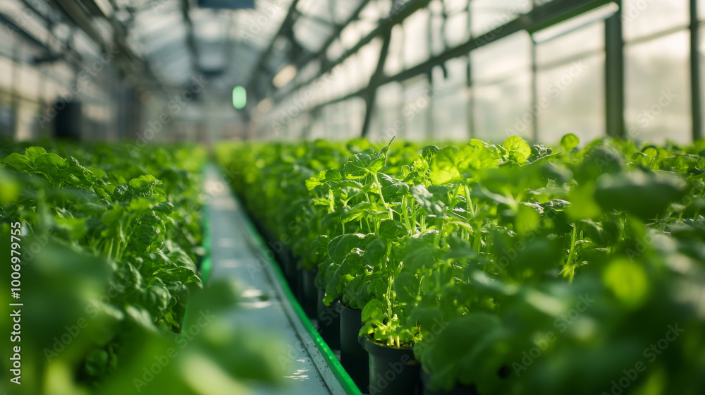 High-tech greenhouse using green technology to optimize plant growth, with automated irrigation systems and renewable energy sources High-tech greenhouse using green technology to optimize plant growth, with automated irrigation systems and renewable energy sources