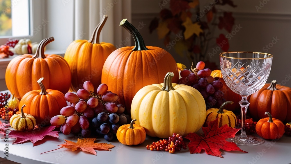 Autumn Still Life Photograph Vibrant Pumpkins, Gourds, Grapes, and Autumn Leaves in Warm Tones Surround a Central Pumpkin. Featuring an Elegant Glass Goblet with Gold Rim Autumn Still Life Photograph Vibrant Pumpkins, Gourds, Grapes, and Autumn Leaves in Warm Tones Surround a Central Pumpkin. Featuring an Elegant Glass Goblet with Gold Rim
