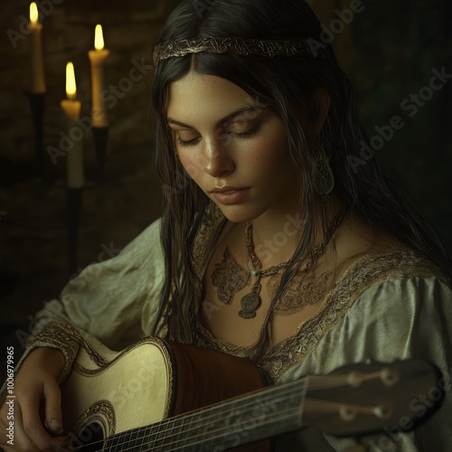 Celtic Bard Woman Playing Guitar by Candlelight