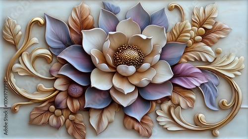 D Flower Wall Decor  Ornate Floral Design  Gold Leaf Pattern  Beige and Purple Flowers