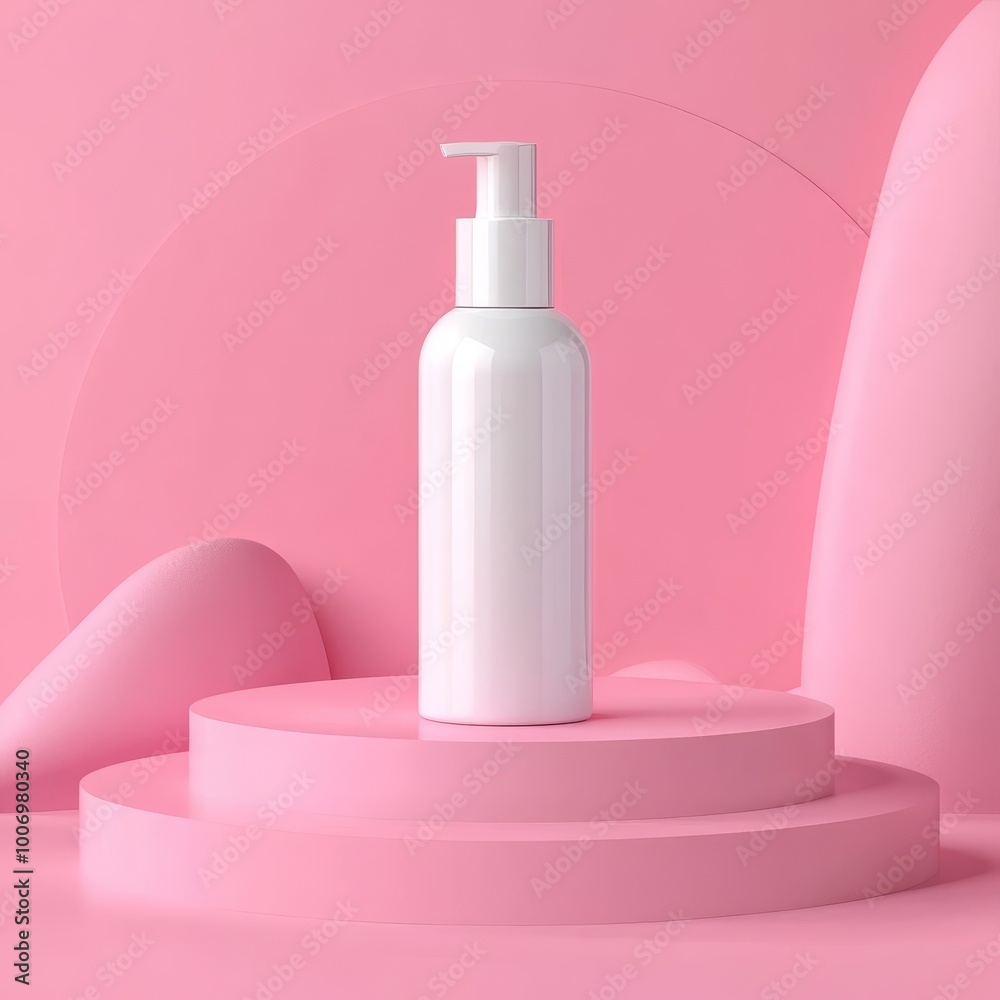 Cosmetic bottle on podium with pink background. 3d illustration. Cosmetic bottle on podium with pink background. 3d illustration.