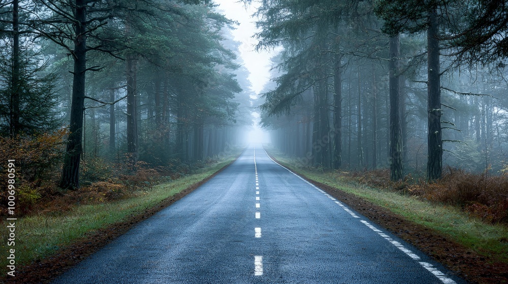 Obraz premium Foggy Road Vanishing into Mysterious Forest Scene