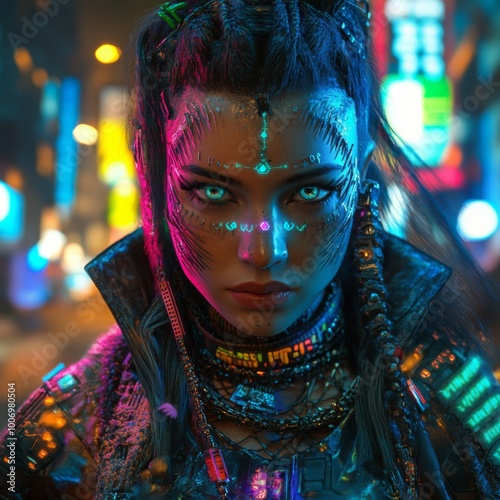 Cyberpunk Woman with Neon Makeup and City Lights in Background