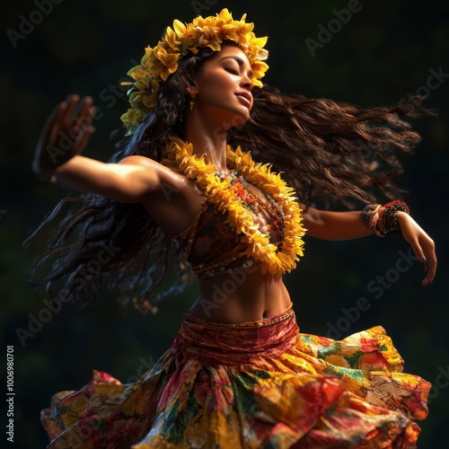 Hawaiian Hula Dancer Graceful Performance in Traditional Dress