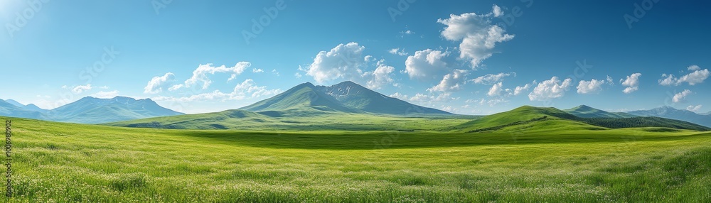 Green Mountain Valley Landscape with Blue Sky and Clouds Green Mountain Valley Landscape with Blue Sky and Clouds