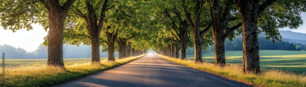Naklejka premium Sunny Road Through Green Trees and Fields