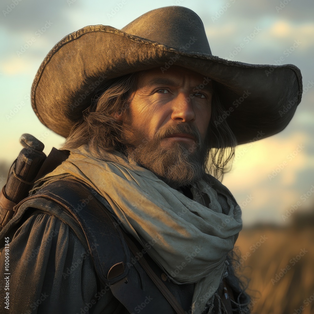 Rugged Pilgrim Explorer Portrait with Dramatic Lighting and Sunset Sky