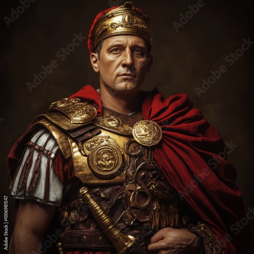 Roman Emperor in Golden Armor and Red Cloak Historical Costume Portrait