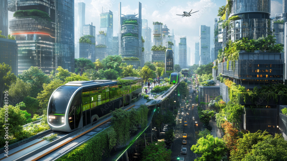 Fototapeta premium A cityscape with green technology integrated, featuring electric buses, solar-powered streetlights, and rooftop gardens on skyscrapers