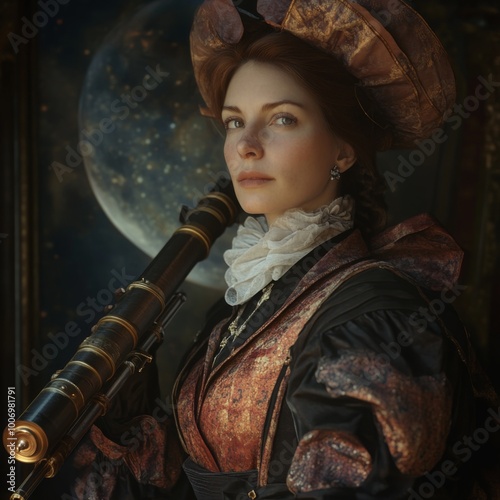 Victorian Woman Astronomer with Telescope and Moon Background