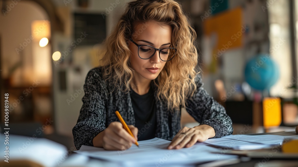 Fototapeta premium Young woman architect working on blueprint at home office