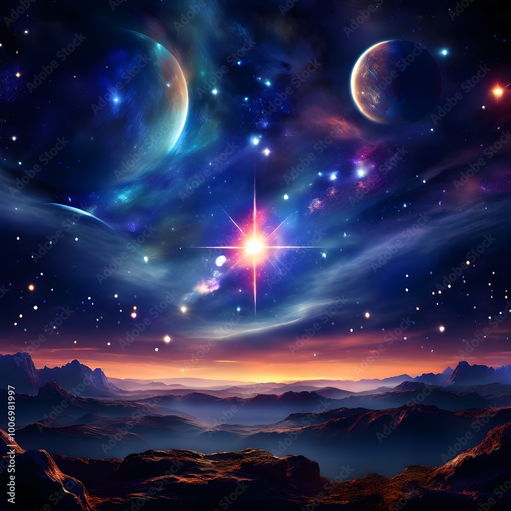 glowing star, surrounded by vibrant planets in a magical night sky glowing star, surrounded by vibrant planets in a magical night sky