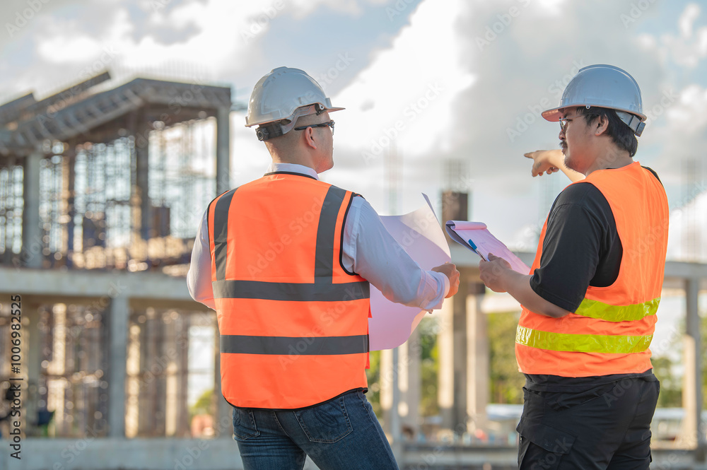 Two Asian engineer working at site of a large building project,Thailand people,Work overtime at construction site,Team of engineer discus at site Two Asian engineer working at site of a large building project,Thailand people,Work overtime at construction site,Team of engineer discus at site