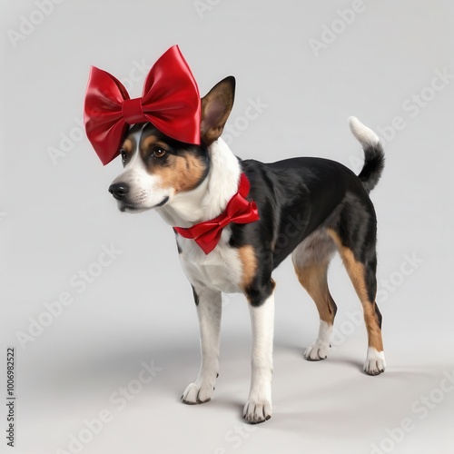 A dog wearing a large red bow and bowtie, posing in a playful manner.