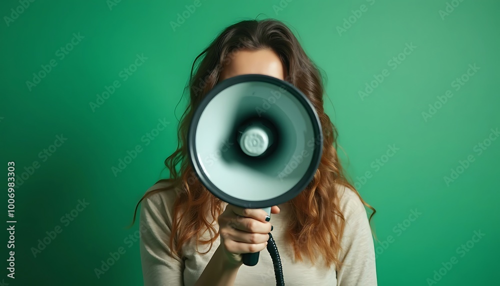Fototapeta premium woman with a megaphone obscuring his face 