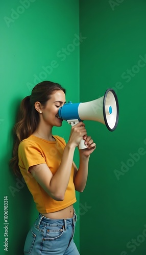 woman with a megaphone obscuring his face
