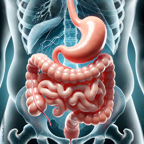3D model surgical common bariatric surgery procedure, such as gastric bypass or sleeve gastrectomy. focus on the modification of the stomach to reduce its size, digestive system.