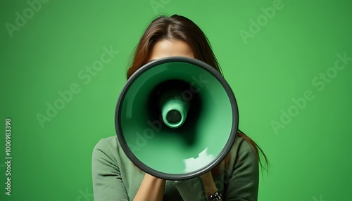 woman with a megaphone obscuring his face
