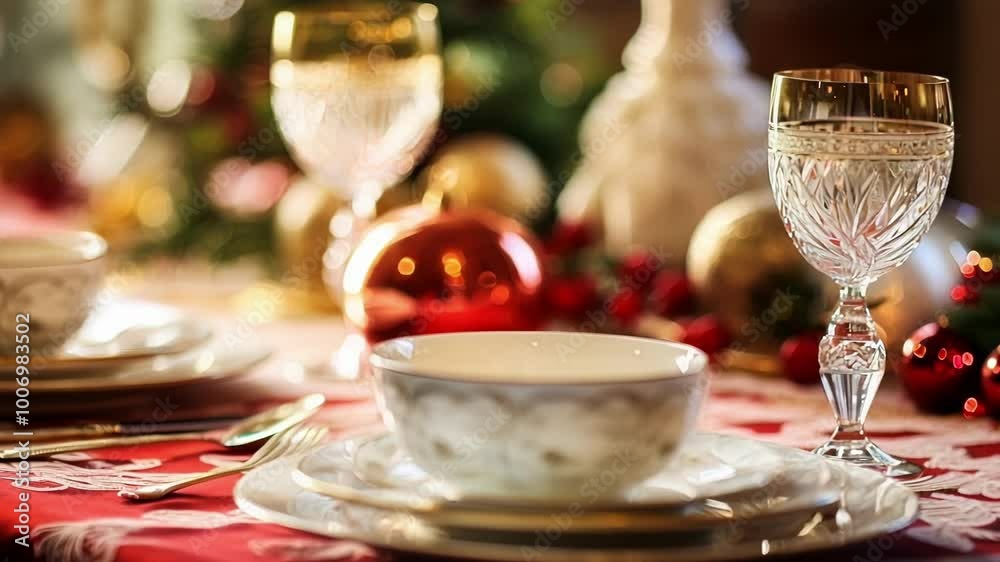 Elegant christmas table setting with fine china and festive decorations, creating a cozy atmosphere Elegant christmas table setting with fine china and festive decorations, creating a cozy atmosphere