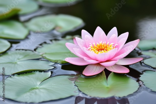 A delicate pink lotus flower blooming on the surface of a calm, reflective pond, with soft ripples and lush green lily pads surrounding it