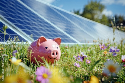 Solar panel savings. A piggy bank sits in a field of wildflowers in front of solar panels, symbolizing energy savings.