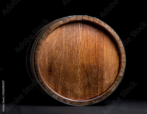 Barrica de vino de madera aislada en fondo negro photo