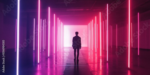 a man standing in a dark room with pink lights