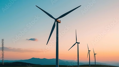 Wallpaper Mural Wind turbines at sunrise with floating cost-efficiency models in the sky, wind power, economic return Torontodigital.ca