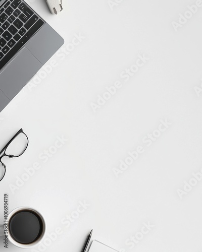 Flat Lay of Modern Office Desk – A tidy, minimalist workspace with a laptop, coffee cup, and stationary neatly arranged on a white desk, with ample empty space on one side for text or graphics