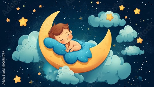 Dreamy Cartoon Illustration of a Child Sleeping on a Crescent Moon with Stars