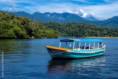 A small boat sailing on calm ocean waters, with mountains and dense forests visible in the background, a peaceful connection between land and sea.
