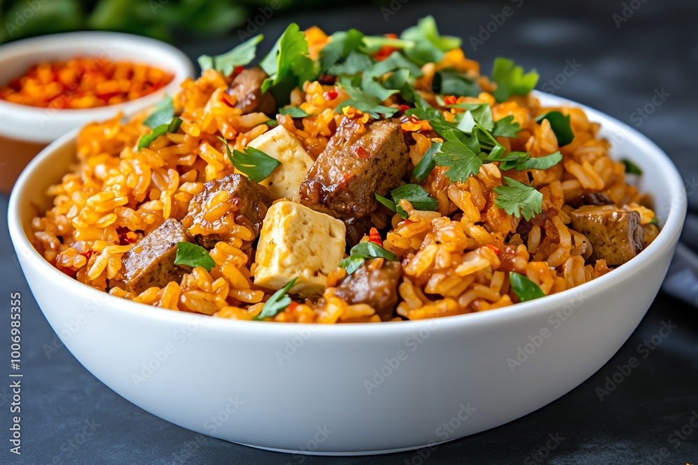 A simple vegetarian rice and tofu stir-fry served in a white bowl, topped with fresh herbs and a side of chili flakes. A simple vegetarian rice and tofu stir-fry served in a white bowl, topped with fresh herbs and a side of chili flakes.
