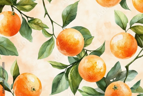 tangerine harvest, watercolor pattern featuring tangerine harvest with juicy fruits and green leaves on a peach background photo